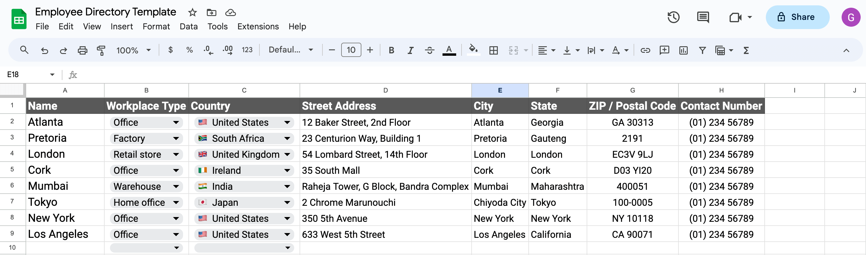 Office directory sheet with columns for office, address, city, state, country, ZIP and phone in Google Sheets.