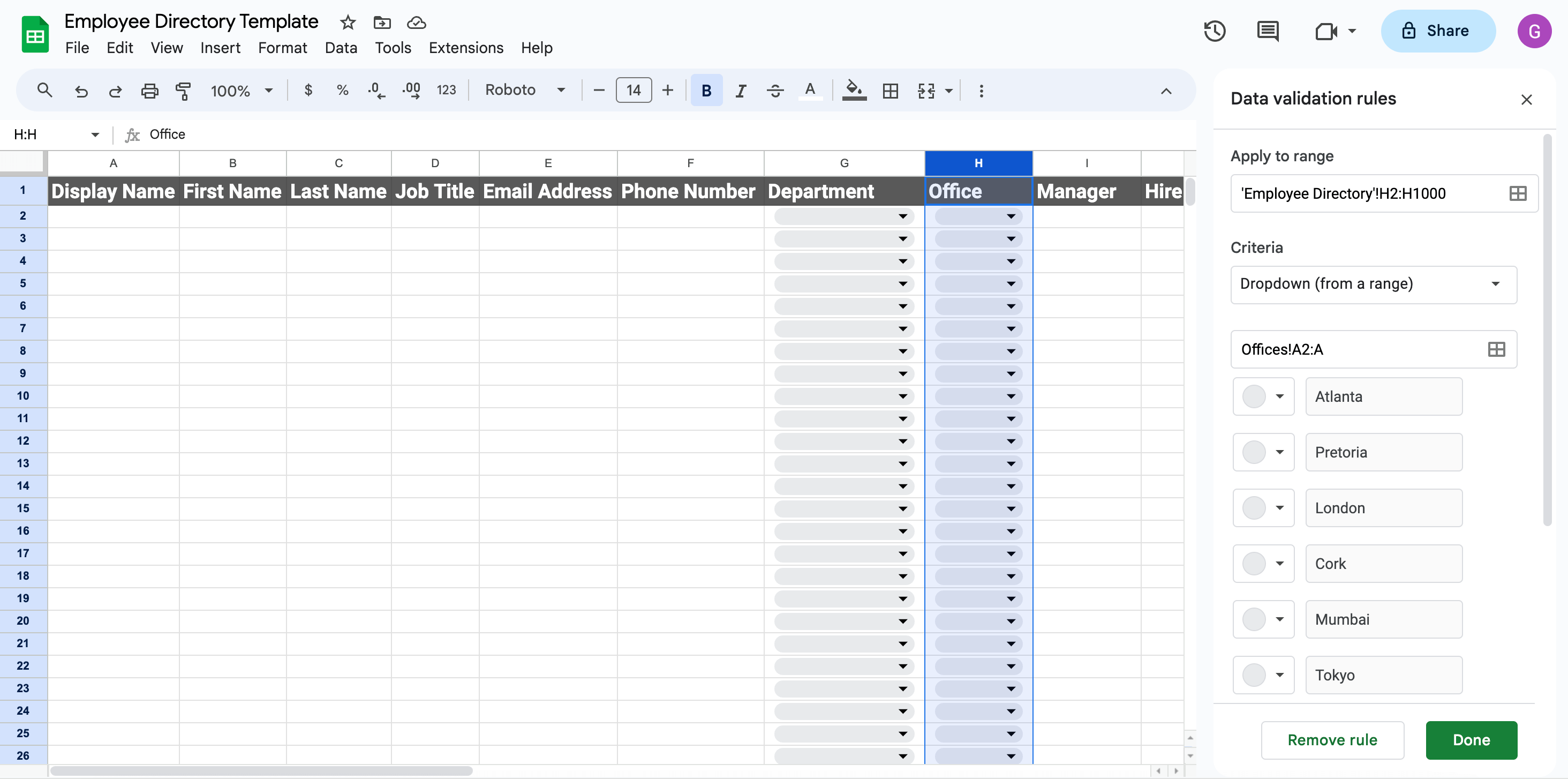 Data-validation rules sidebar applying Office dropdown to Office column of the employee directory.