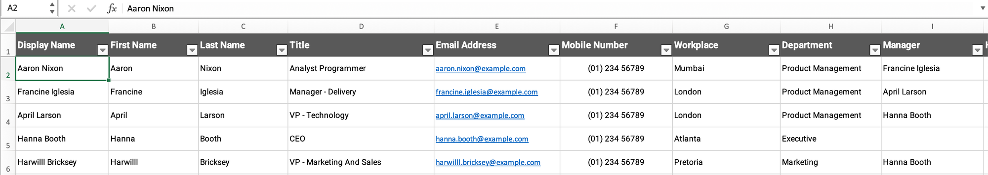 Sample rows filled with employee names, job titles, emails and hire dates in the directory template