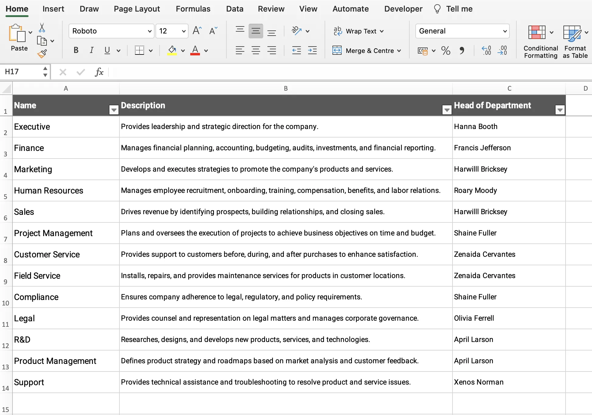 Departments sheet with columns for Department, Department Head and Description in Excel
