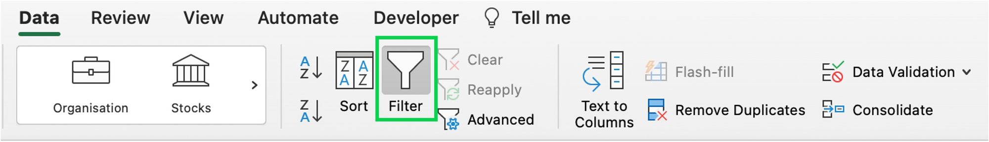 Excel filter buttons added to header row allowing sort and filter of employee directory data