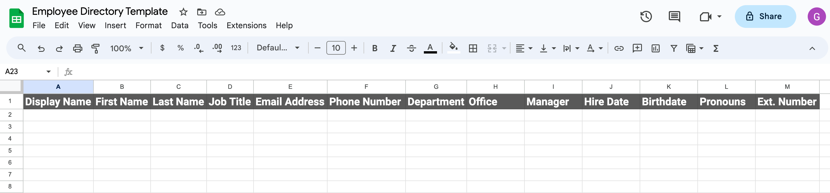 Google Sheets employee-directory template showing column headers for name, title, email, department, office, manager.