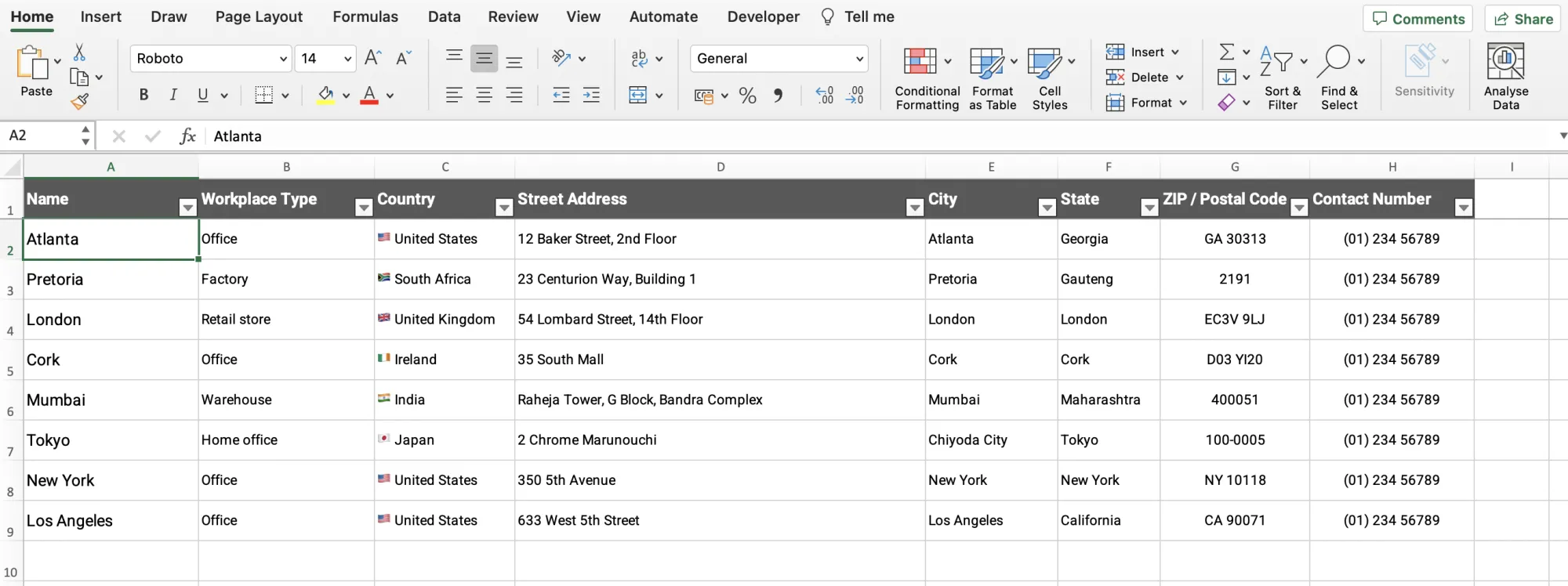 Workplaces sheet listing office name, type, country, address and contact person for each location