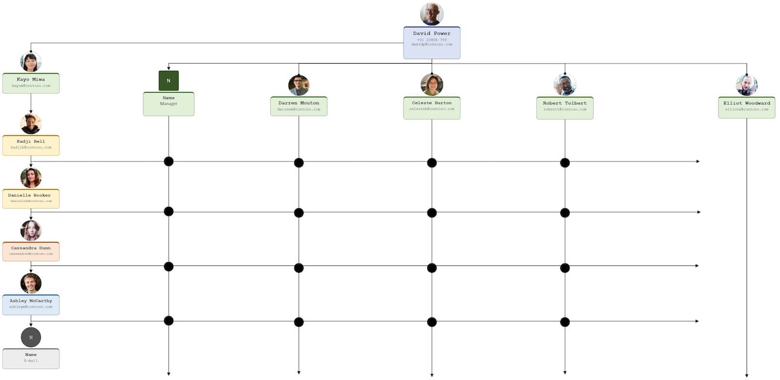 Matrix structure example with dual reporting to project and functional managers.