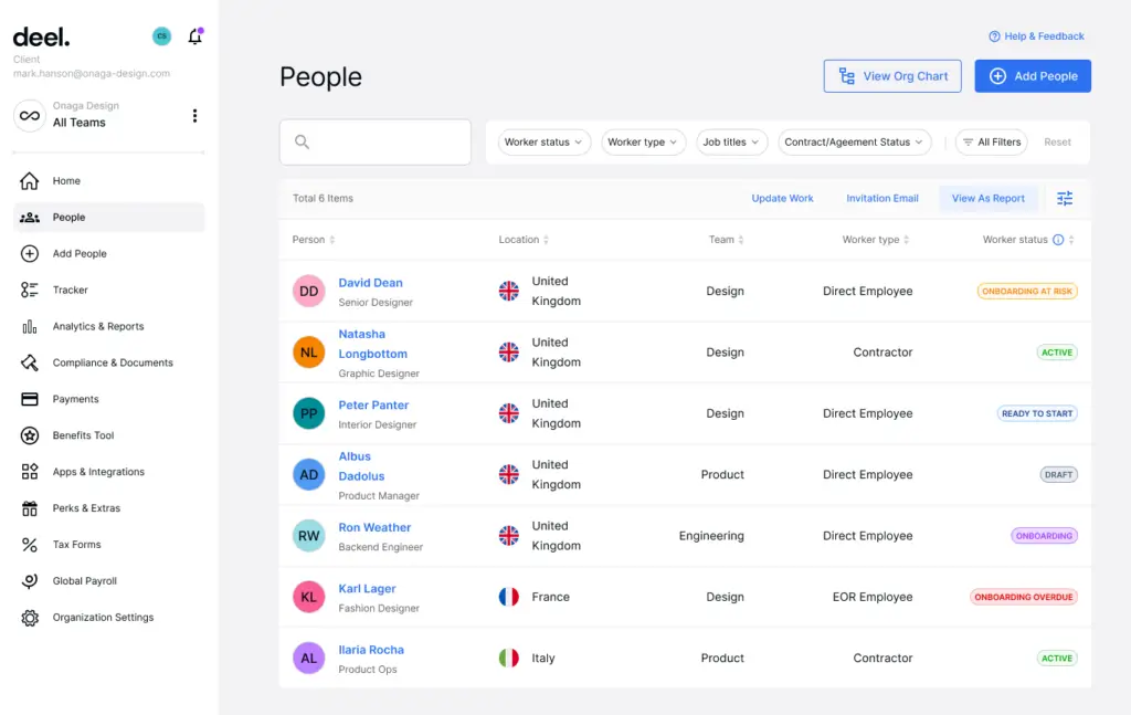 Deel HR People Directory product screenshot with demo data