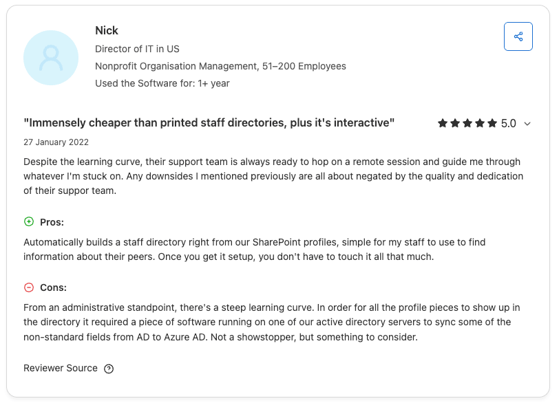 Employee Directory 365 Capterra Customer Review saying its a good employee directory for Sharepoint but administration is hard