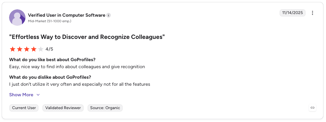 GoProfiles G2 customer review stating they don't use it very often but its a good tool