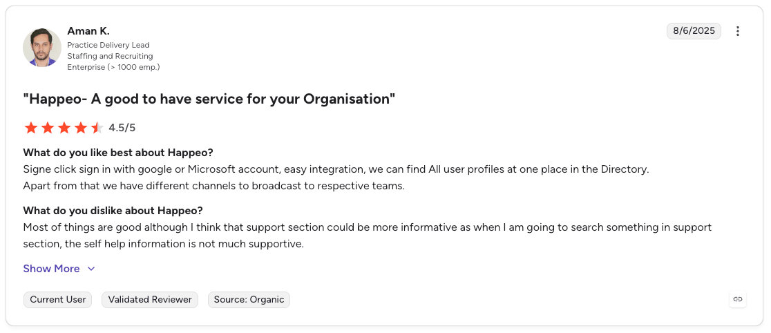 Happeo G2 Customer Review saying the directory and intranet features are good but support is an issue