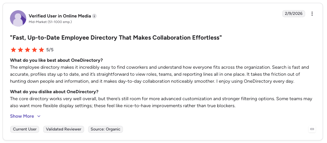 OneDirectory G2 customer review recommending OneDirectory as a top employee directory tool for any company