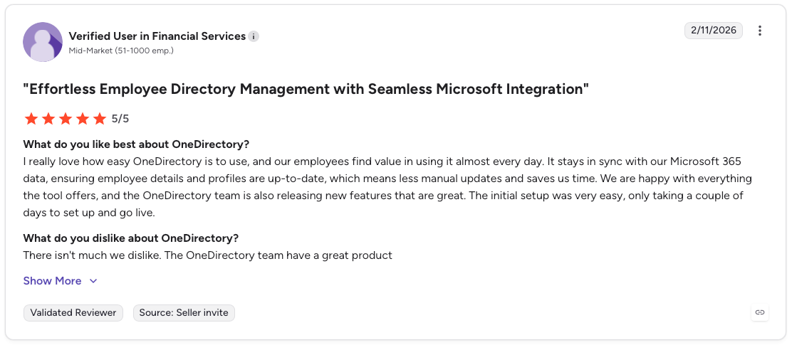 OneDirectory G2 customer review saying it is the best employee directory that they has used