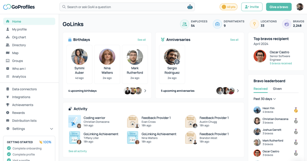 GoProfiles employee directory homepage product screenshot with demo data