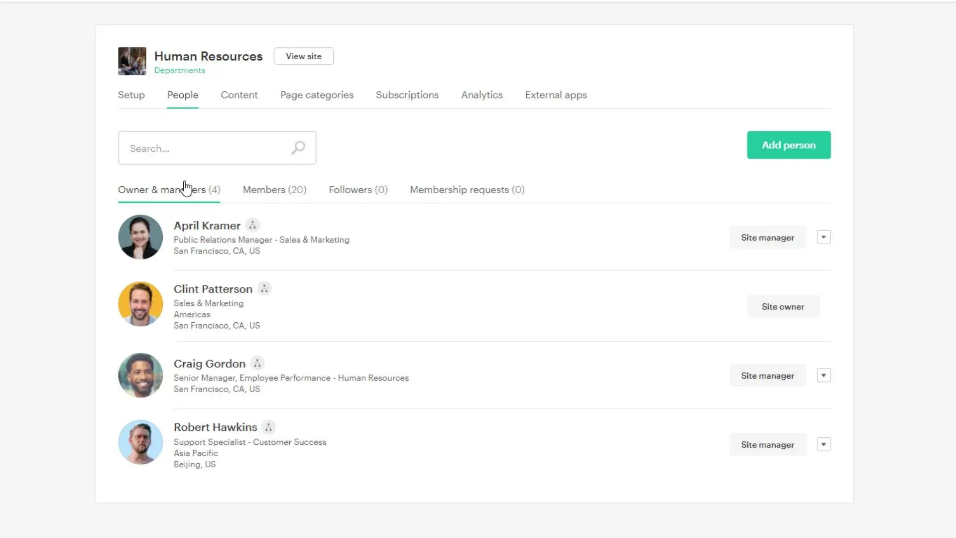 Simpplr Employee List by Department product screenshot with demo data
