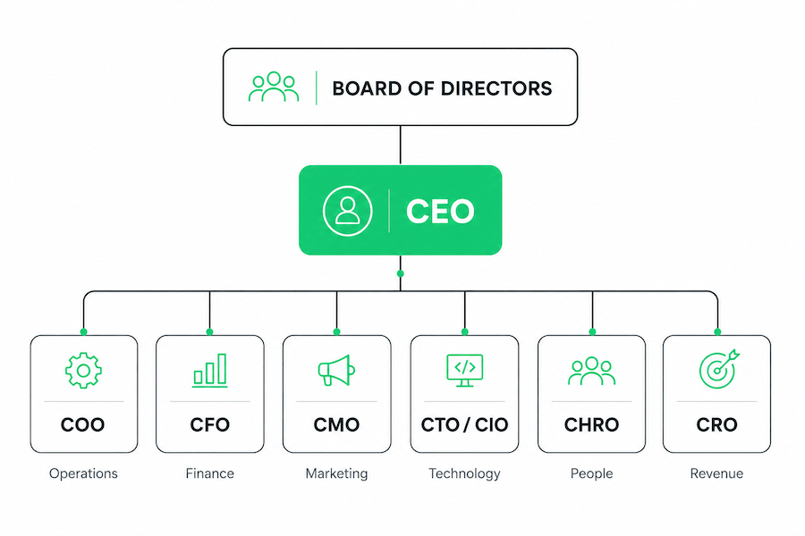 Org chart showing a standard C-suite reporting structure: Board of Directors at the top connected to the CEO, with the CEO connected to seven direct reports — COO (Operations), CFO (Finance), CMO (Marketing), CTO/CIO (Technology), CHRO (People), and CRO (Revenue).