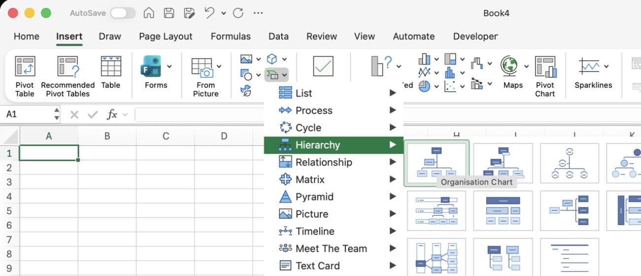 The SmartArt menu in Excel with Hierarchy selected and the Organization Chart thumbnail highlighted