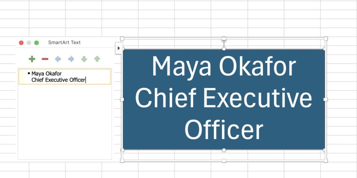 An Excel org chart box showing Maya Okafor, Chief Executive Officer, typed through the text pane
