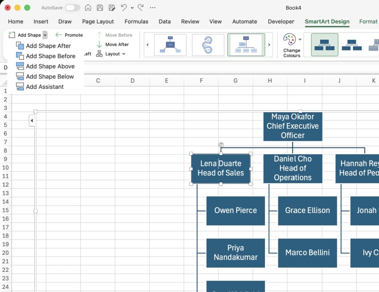 The Add Shape menu on the SmartArt Design tab in Excel with Add Shape Below and Add Assistant options