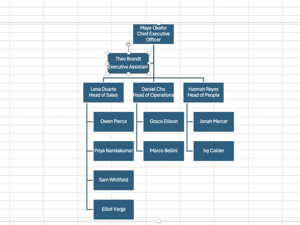 An Excel org chart with an executive assistant box placed to the side of the CEO