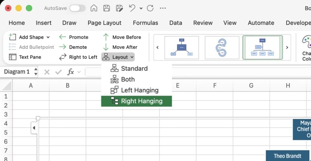 The Layout menu on the SmartArt Design tab with Standard, Both, Left Hanging and Right Hanging options