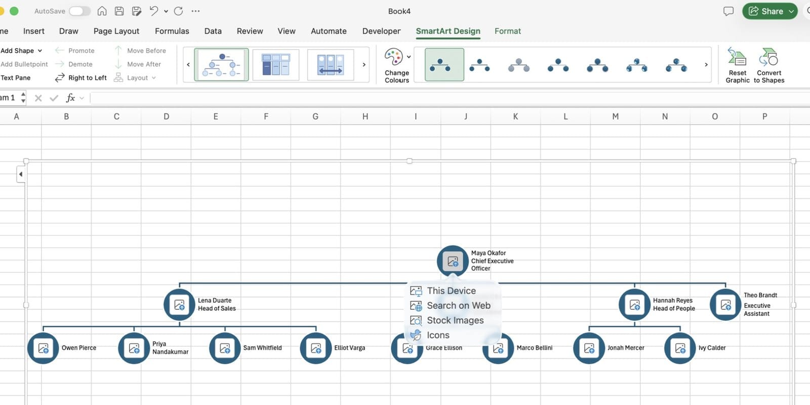 An Excel org chart in the Circle Picture Hierarchy layout with the picture insert menu open