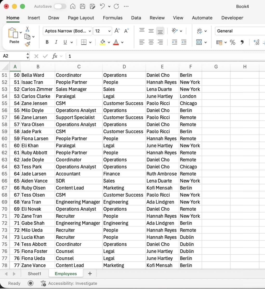 A 150-row employee list in Excel with name, job title, department, manager and office columns