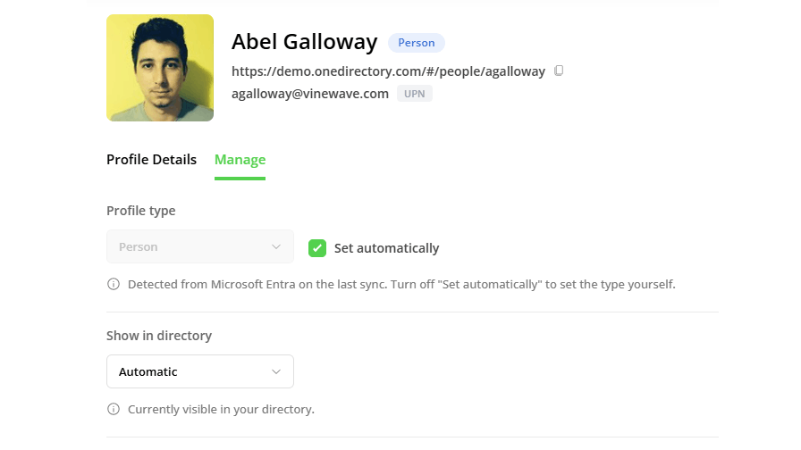 Per-profile visibility controls in OneDirectory product screenshot
