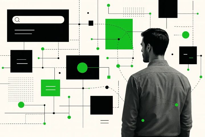 Illustration of an org chart showing solid and dotted-line reporting relationships between employees.