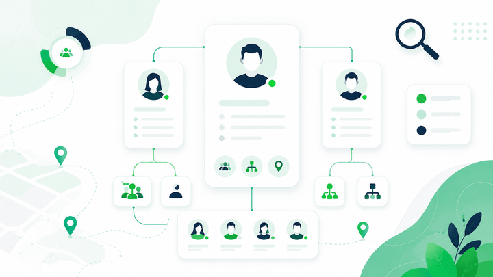Abstract illustration of connected employee profile cards, org chart nodes, search icon, and location pins representing a searchable staff list and employee directory.