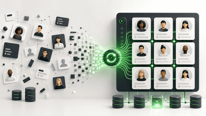 Scattered employee profiles and disconnected data being organized into a clean, connected employee directory.
