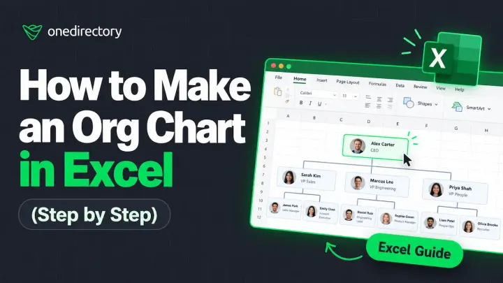 A finished 13-person Excel org chart with photos, colored connectors and a subtle style