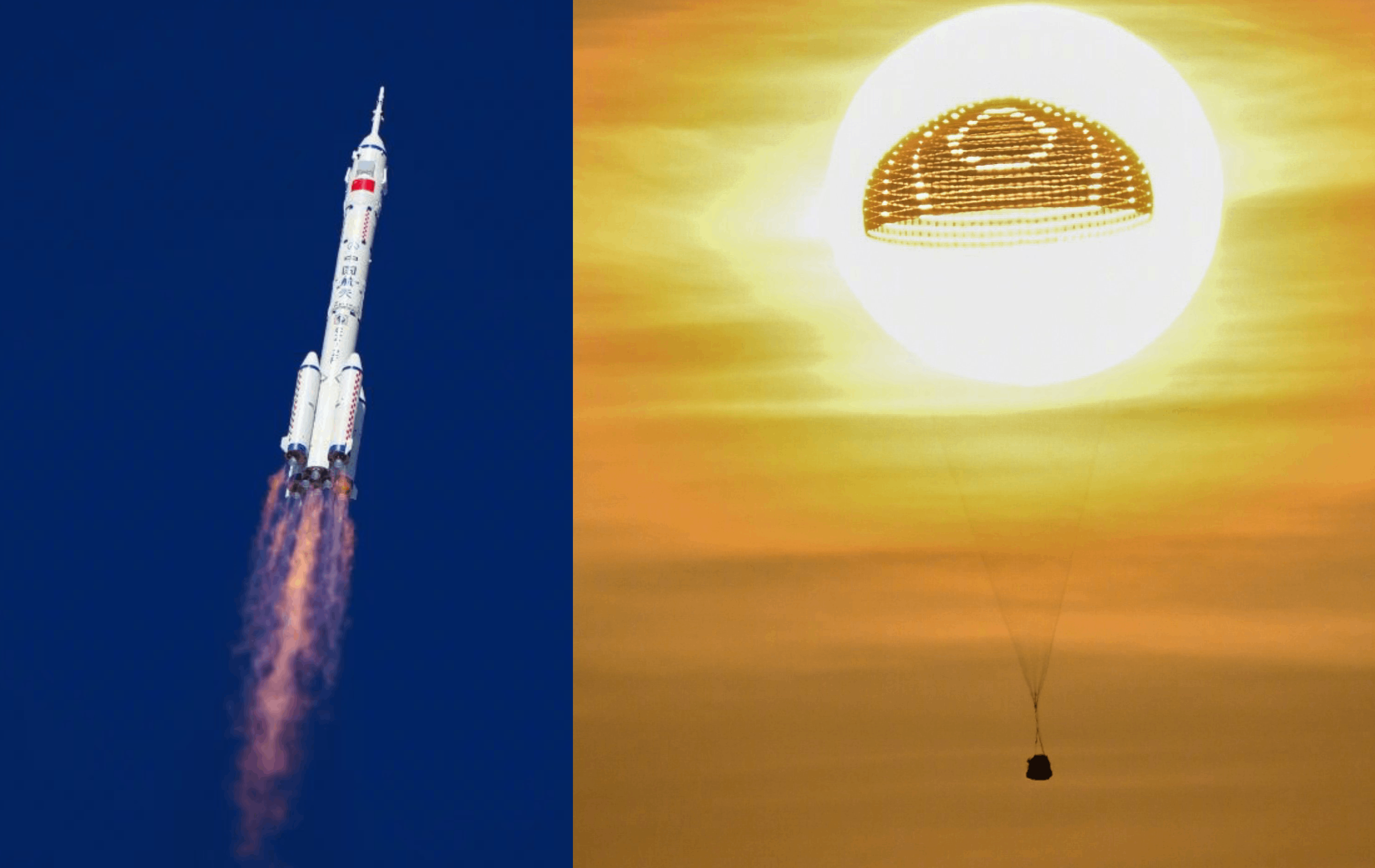 Shenzhou 17 launching (left) and Shenzhou 16 returning to Earth (right). ©CNSA/CMSA