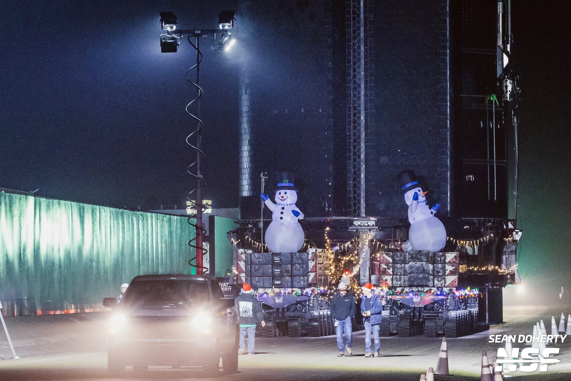 Ship 28 during its rollout with Christmas decorations. ©Sean Doherty/NSF