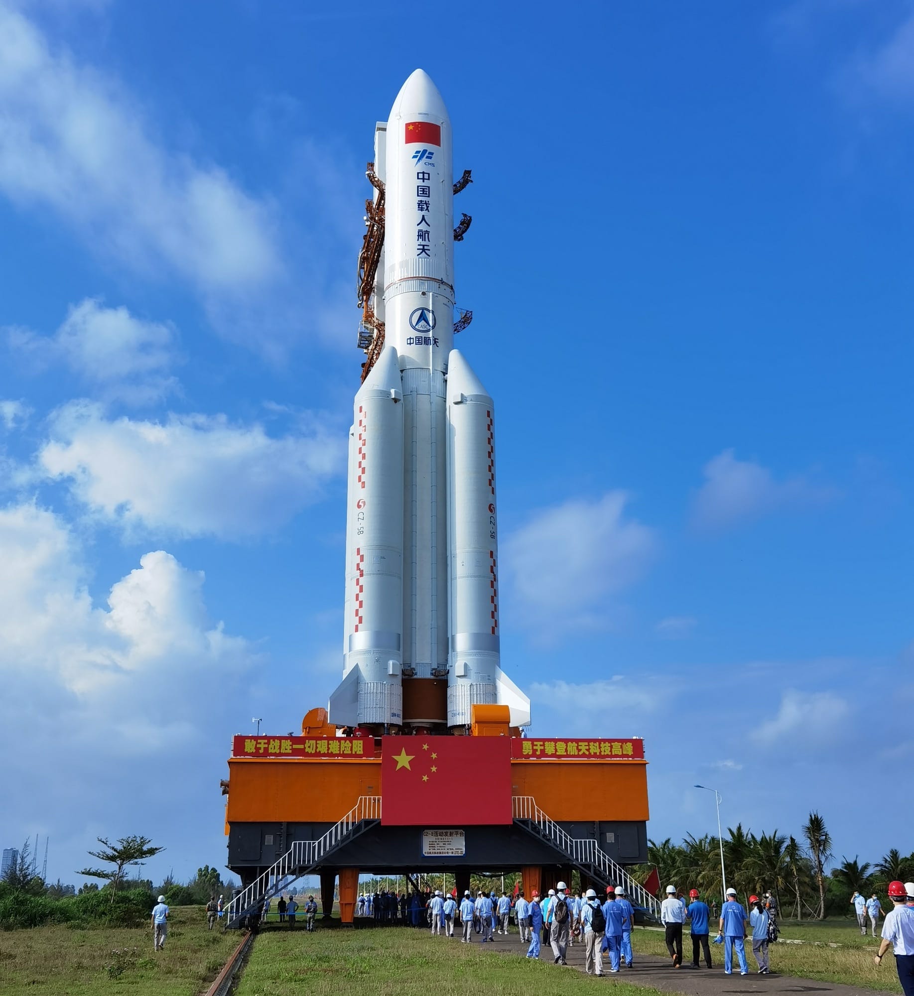 The Long March 5B being transported to its launch pad.