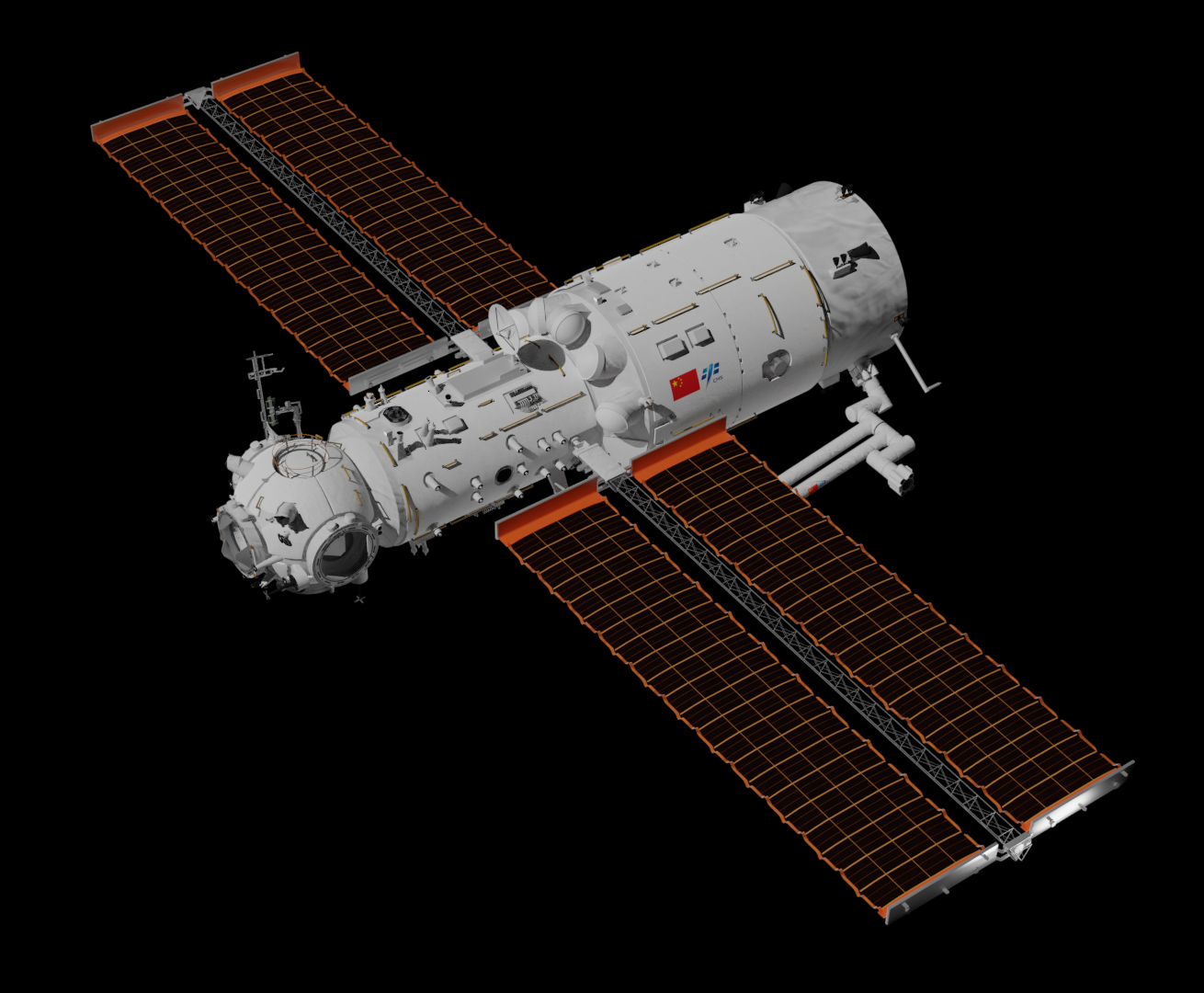 A render of the Tianhe module in free flight. ©Shujianyang/Wikimedia Commons