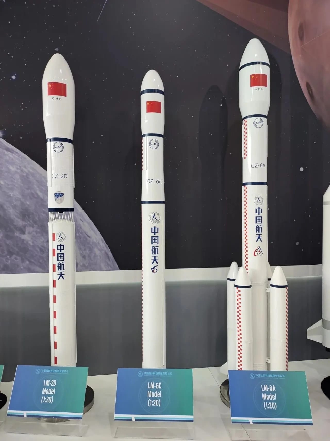 Models of the Long March 2D (left), Long March 6C (middle), and Long March 6A (right).