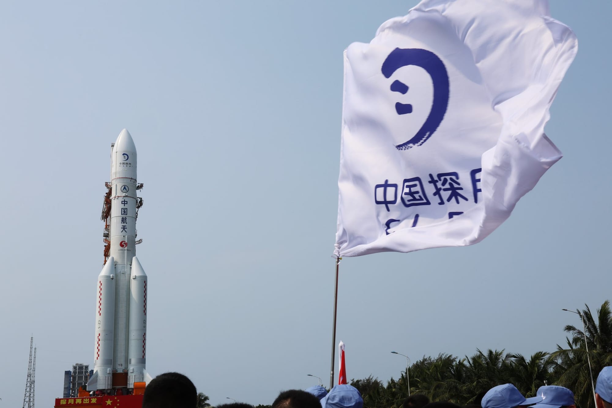 The Long March 5 Y8 during rollout to LC-101 at the Wenchang Space Launch Site for the Chang'e 6 mission.