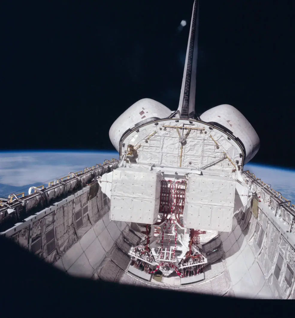 A view of Columbia's payload bay during STS-1 with the two Development Flight Instrumentation boxes inside. ©NASA