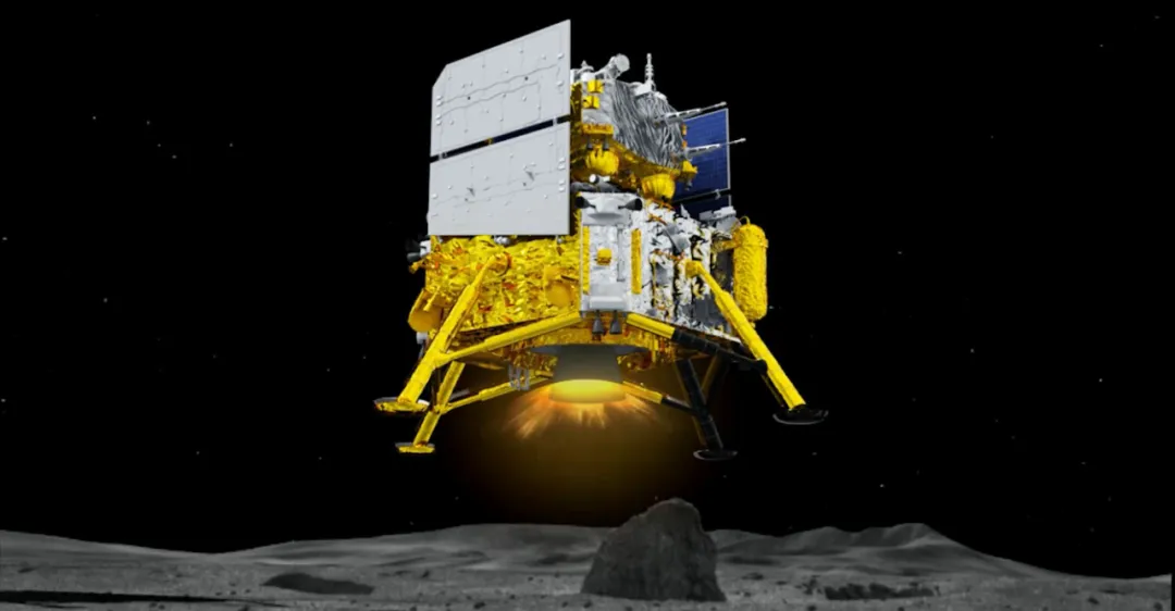A render of Chang'e 6 during descent towards the lunar surface. ©China Academy of Space Technology