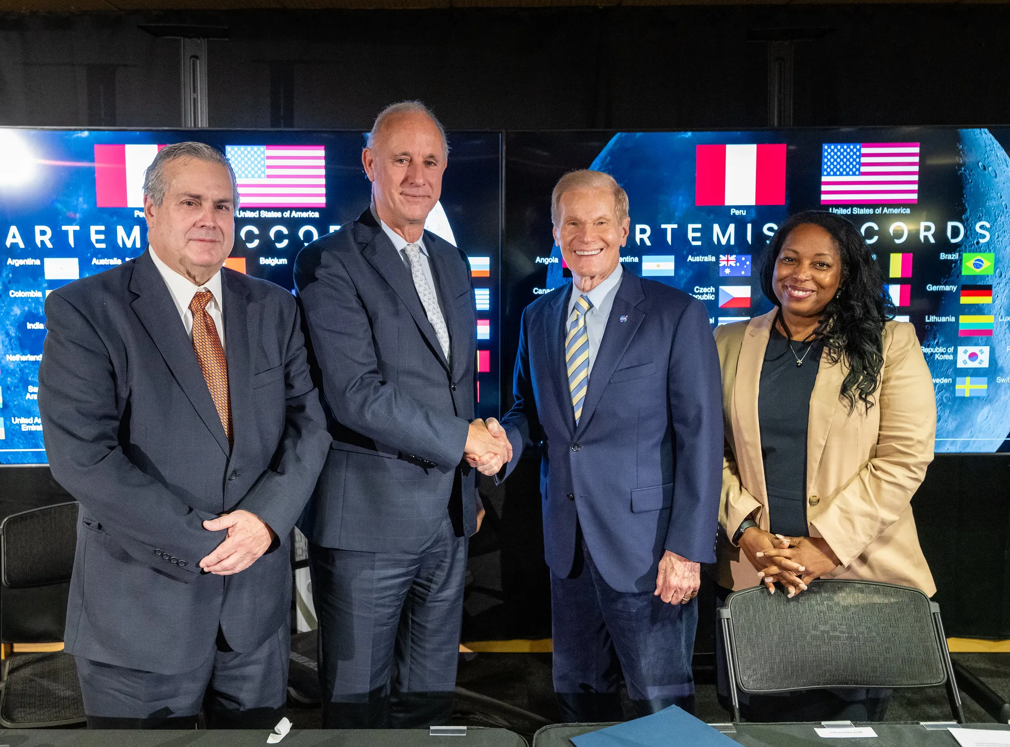Ambassador of Peru to the United States Alfredo Ferrero Diez Canseco (left), Peruvian Foreign Minister Javier González-Olaechea (center left), NASA Administrator Bill Nelson (center right), and United States Department of State Acting Assistant Secretary in the Bureau of Oceans and International Environmental and Scientific Affairs Jennifer R. Littlejohn (right) during the Artemis Accords signing ceremony. ©NASA/Keegan Barber