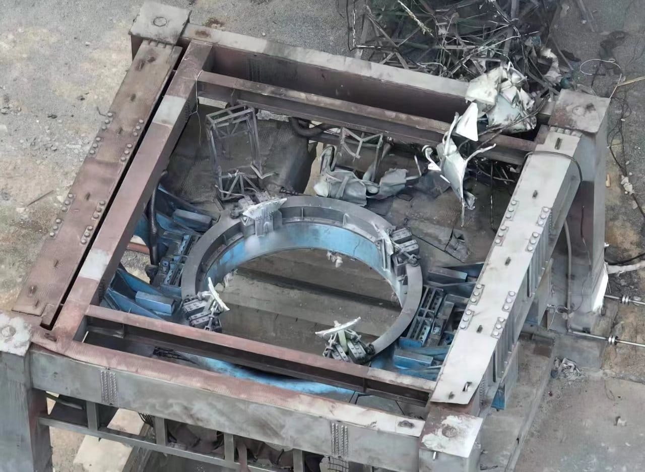 The static fire stand after the test stage broke free.