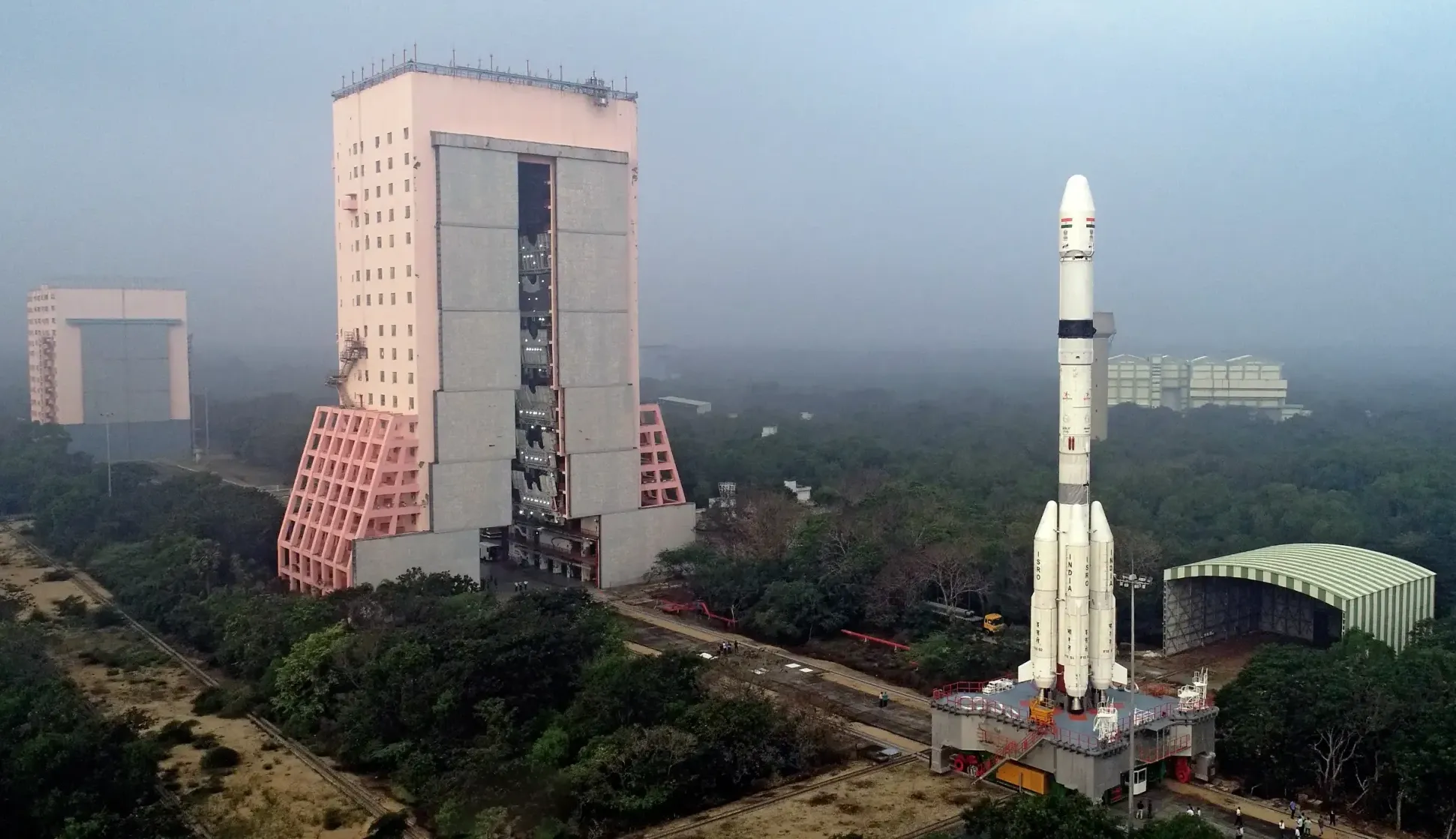 GSLV MkII during rollout from the assembly building to its launch pad ahead of the Satish Dhawan Space Centre's 100th launch. ©ISRO