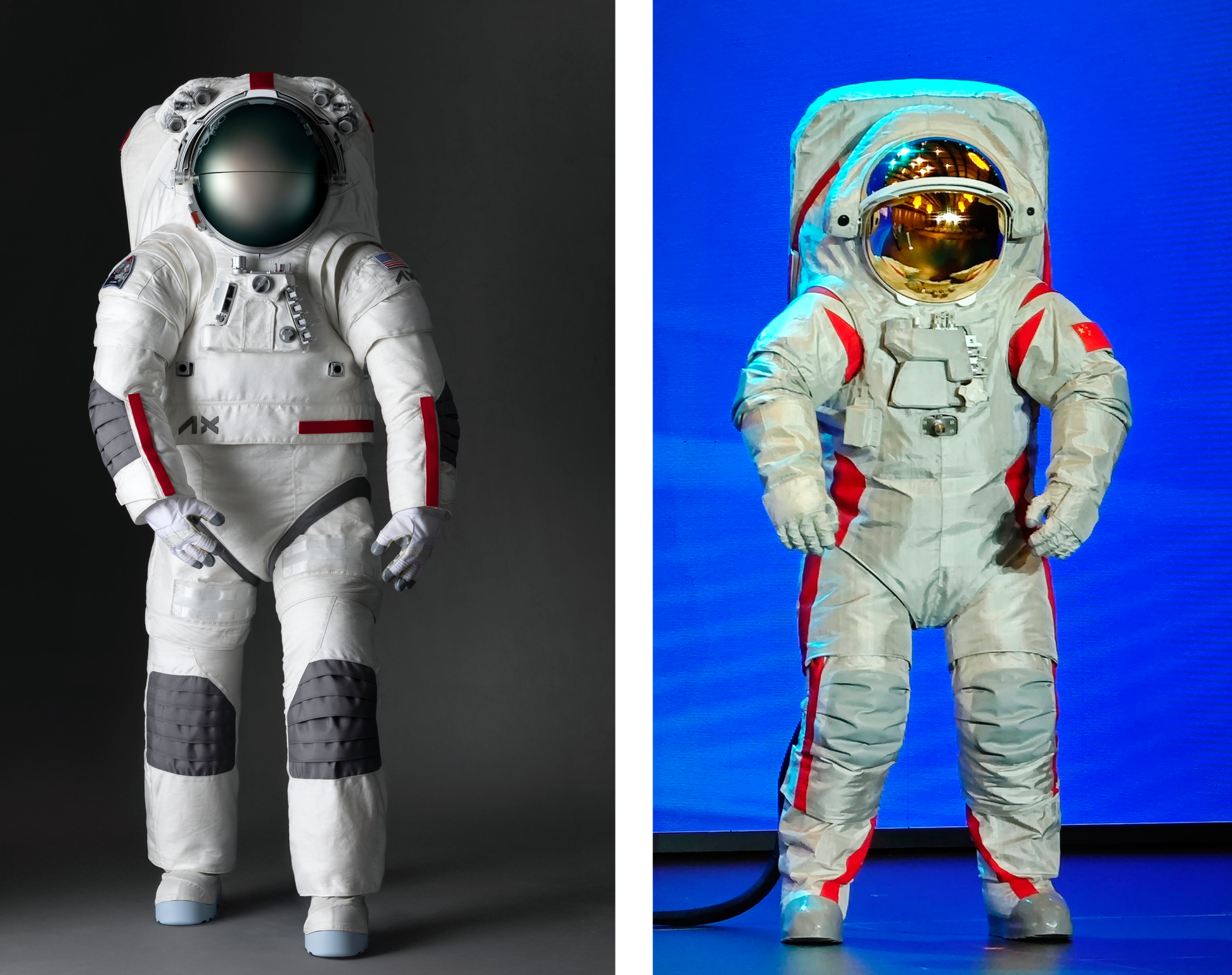 The AxEMU spacesuit (left) and China's lunar spacesuit (right). ©Axiom Space/Xinhua