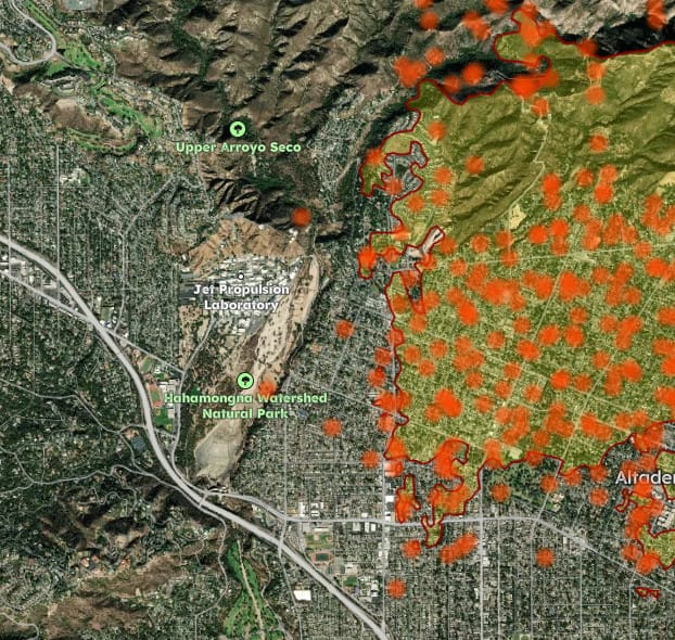 A map of fires near NASA's Jet Propulsion Laboratory