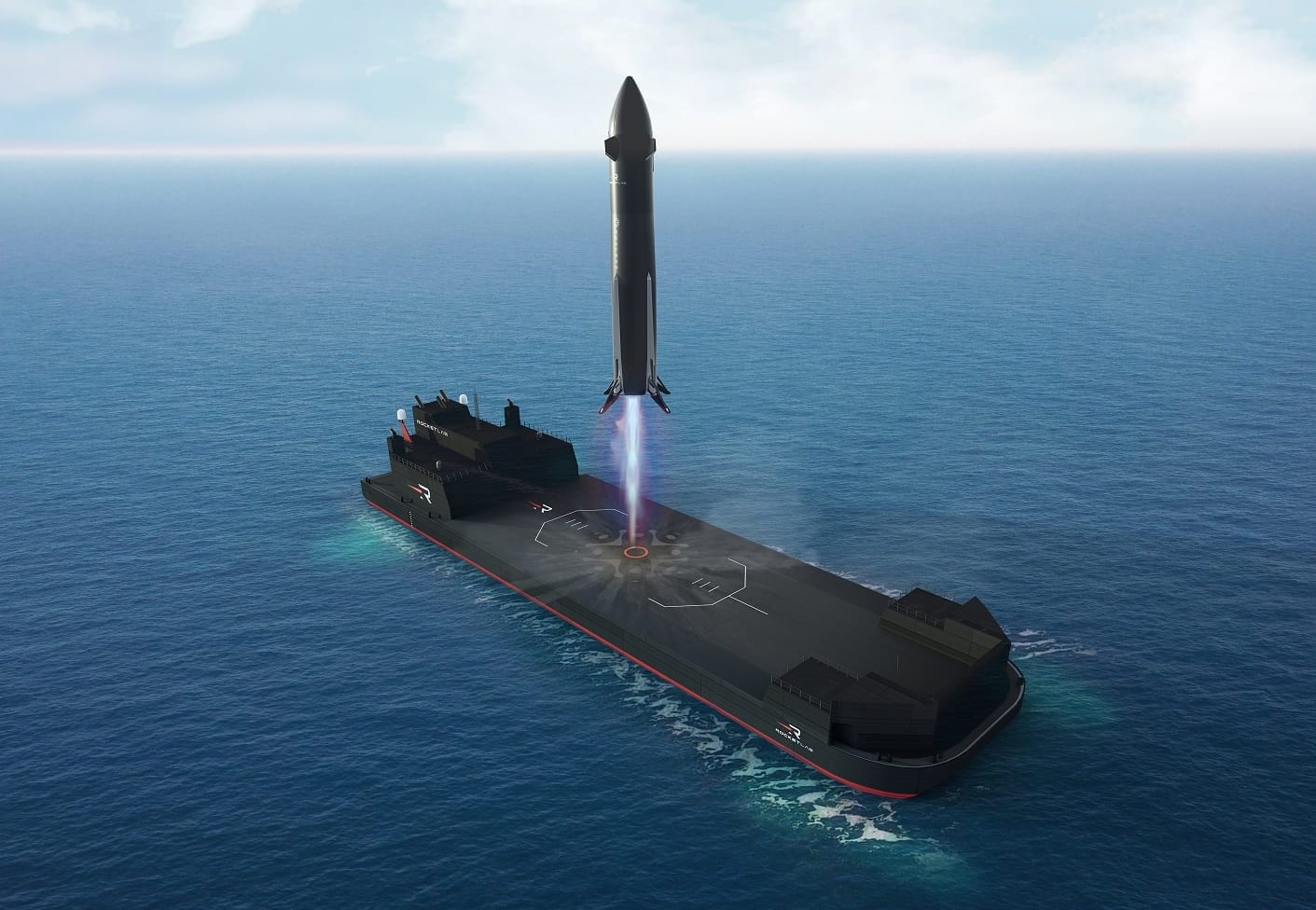 A render of Neutron landing downrange on a modified barge. ยฉRocket Lab