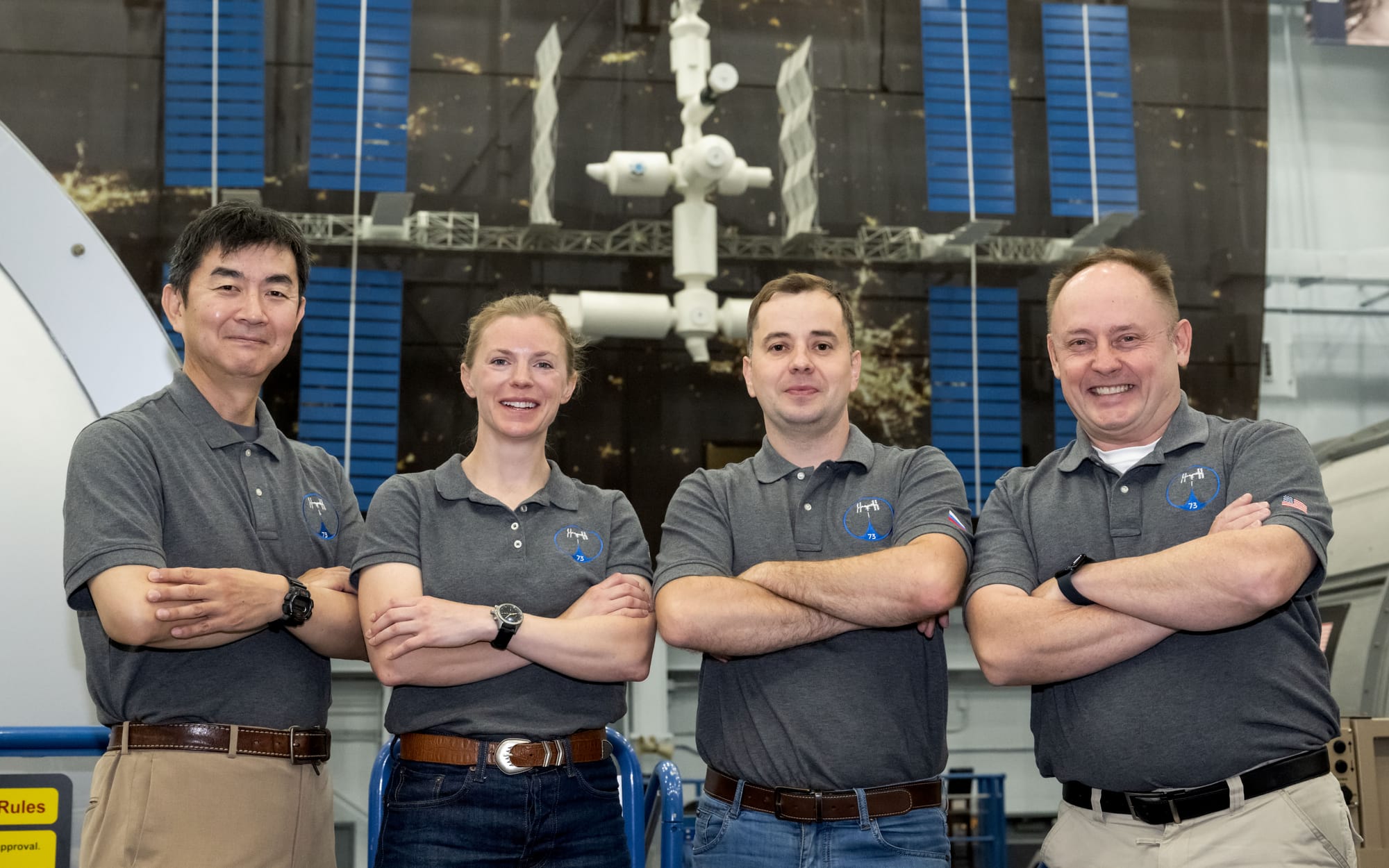 JAXA astronaut Kimiya Yui (left), NASA astronaut Zena Cardman (center left), Roscosmos cosmonaut Oleg Plantonov (center right), and NASA astronaut Mike Fincke (right). ยฉNASA