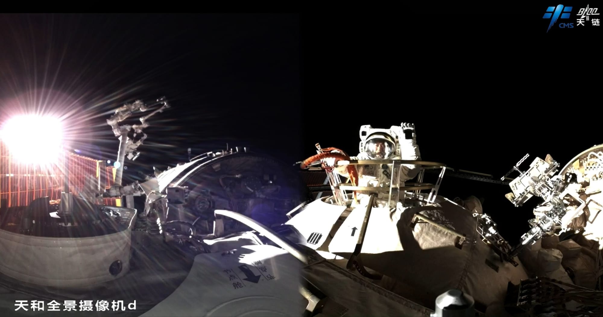 Chen Dong heading into the Tianhe module’s airlock to end the Shenzhou-20 mission’s first spacewalk. ©China Manned Space Agency