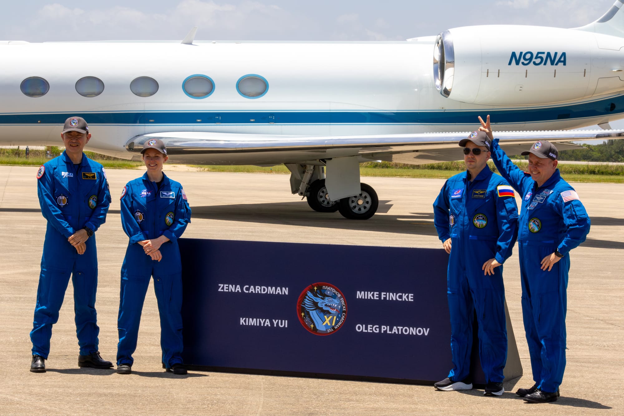 The Crew-11 astronauts after arriving at the Kennedy Space Center on July 26th, from left to right: Kimiya Yui, Zena Cardman, Oleg Platonov, and Mike Fincke. ©Derek Newsome