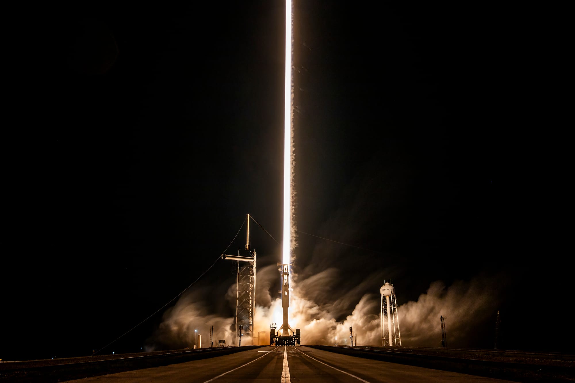 A long exposure photo of Falcon 9 lifting off for the USSF-36 mission. ยฉSpaceX