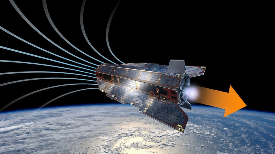 Illustration of an air-breathing electric propulsion spacecraft in low Earth orbit, collecting atmospheric particles and expelling ionized gas for thrust.