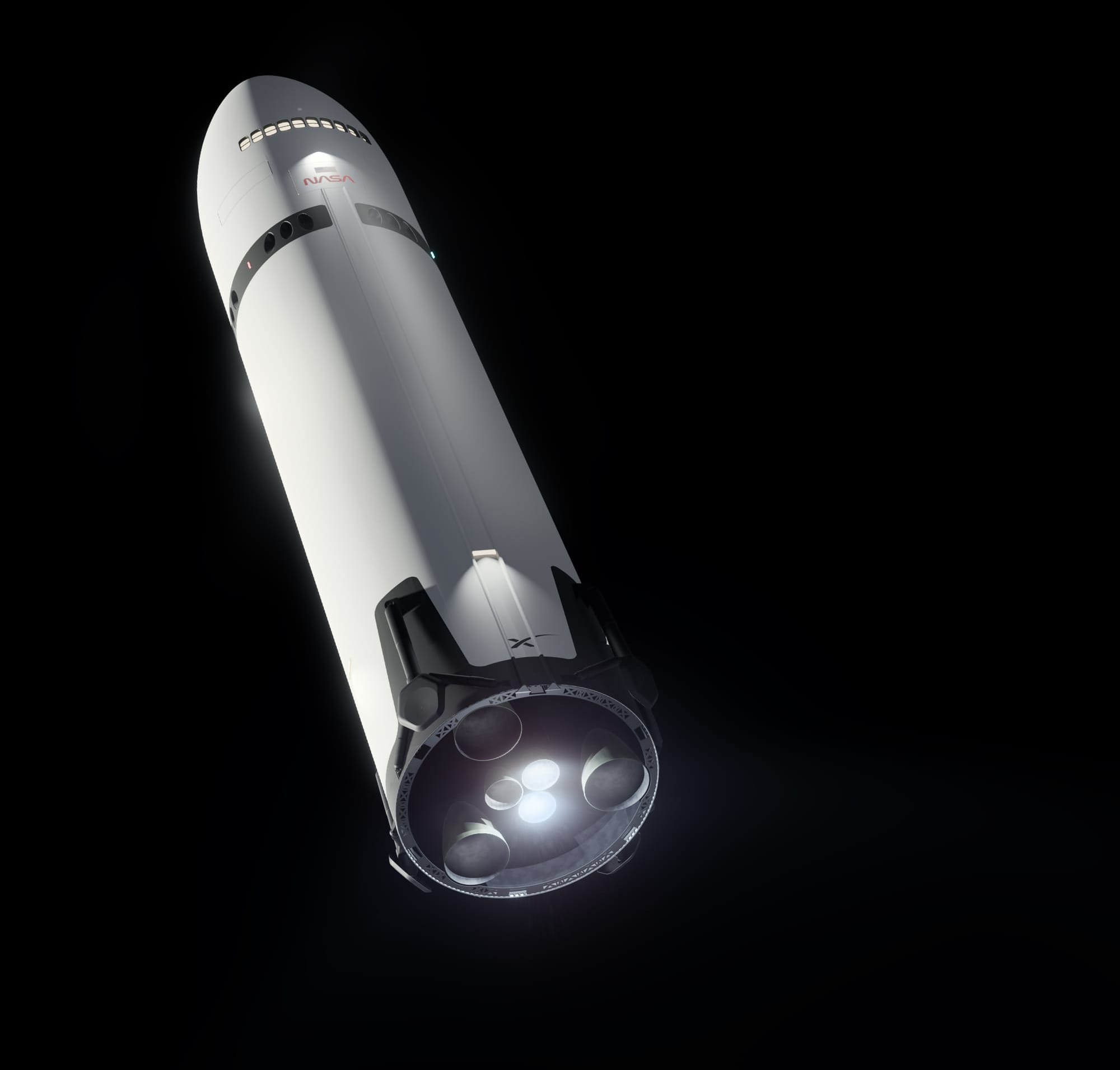 A render of SpaceX's 52-meter tall HLS during descent toward the lunar surface. ยฉSpaceX