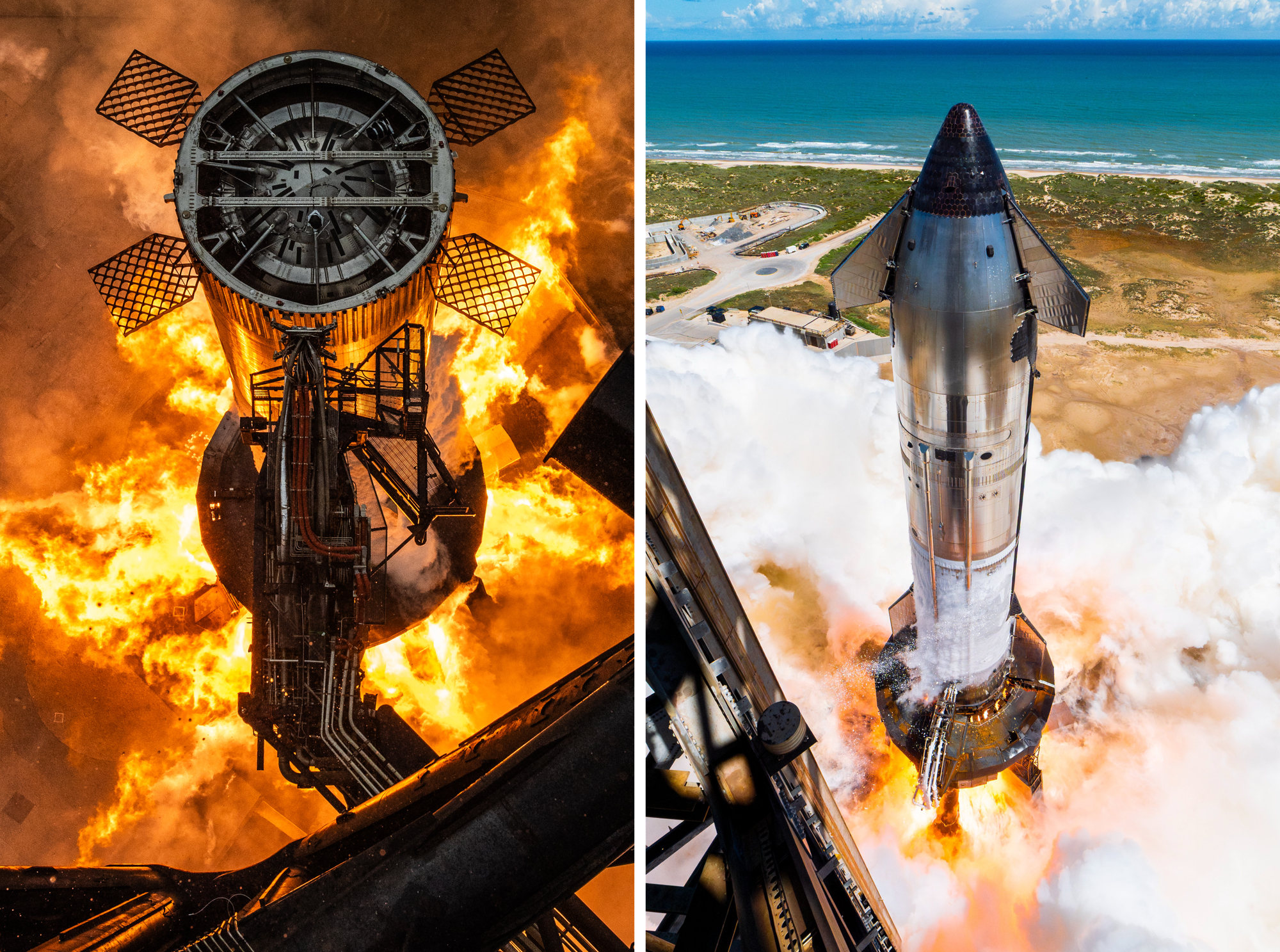 Super Heavy Booster 15 (left) and Ship 38 (right) performing pre-flight static fires. ยฉSpaceX
